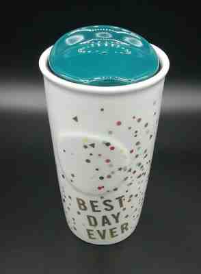 Starbucks 2015 10 oz Best Day Ever Confetti Ceramic Travel Coffee Mug Cup & Lid - Sold on eBay Dec, 3rd 2019 for $19.99