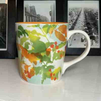 STARBUCKS COFFEE 2008 Ceramic Floral Watercolor Mug 14 Oz Orange Yellow Green