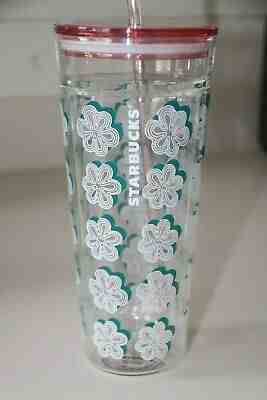 STARBUCKS 2017 DOUBLE WALL GLASS COLD CUP - GREEN & WHITE FLOWERS - PINK LID STR - Sold on eBay Dec, 3rd 2019 for $52.00