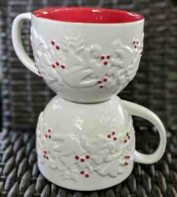 2 Starbucks Holiday Mugs Embossed Dove Berries White Red 2008 12 oz  - Sold on eBay Dec, 3rd 2019 for $22.00