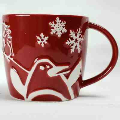STARBUCKS Penguin Holiday Mug Cup. 2007 RED. Embossed, Snowman, Snowflakes - Sold on eBay Dec, 3rd 2019 for $19.99