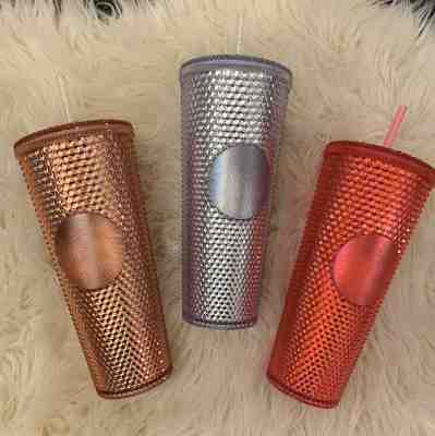 Set of 3 Starbucks Venti Bling Rose gold silver Hot Pink Studded 24oz Tumbler - Sold on eBay Dec, 3rd 2019 for $102.00