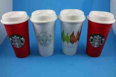 Lot of 4 Starbucks Reusable Plastic Cups (Red Holiday Christmas, Fall Leaf) Lids - Sold on eBay Dec, 3rd 2019 for $19.95