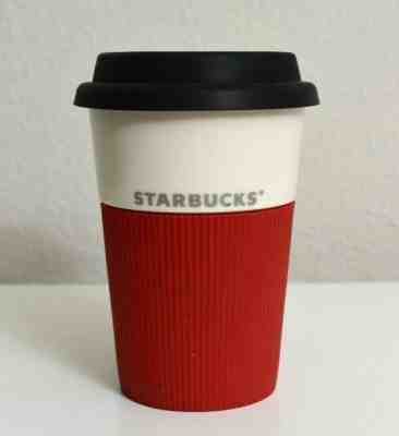 Starbucks 2011 Red Rubber Sleeve Grip New Bone China Travel Mug Cup 8 oz w/ Lid - Sold on eBay Dec, 3rd 2019 for $19.90