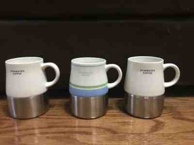 Set Of 3 Starbucks Coffee Mugs Cups Non-Skid Metal Bottom & White Ceramic Top - Sold on eBay Dec, 2nd 2019 for $28.00