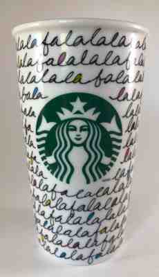 Starbucks Fa La La Holiday 2011 Travel Tumbler Ceramic Mug 12oz with black lid - Sold on eBay Dec, 2nd 2019 for $25.00