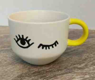 STARBUCKS Siren Eyes WINK MUG Coffee Tea 14oz Ceramic Cup White w/ Yellow Handle - Sold on eBay Dec, 5th 2019 for $16.99