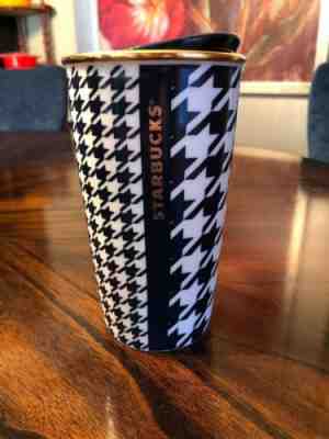 Starbucks Dot Collection Ceramic Tumbler Mug 2015 Blue + Gold Houndstooth 12 Oz - Sold on eBay Dec, 5th 2019 for $23.28