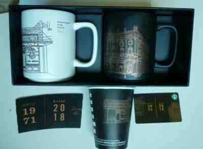 STARBUCKS MILAN 2018 SEATTLE 1971 2- CUP SET 12 OZ MUG + PAPER CUP, CARD, SLEEVE - Sold on eBay Dec, 5th 2019 for $25.99