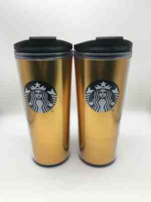 Lot of 2 Starbucks Holiday 2018 Gold Hot Cold Plastic Coffee Mug Tumbler 16oz  - Sold on eBay Dec, 5th 2019 for $23.99