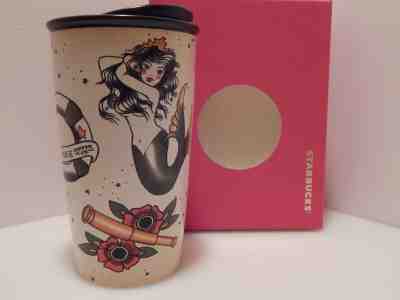 NEW! Boxed 2015 Starbucks Ceramic Tumbler Rare Multi-Color Mermaid Sailor Tatoo  - Sold on eBay Dec, 4th 2019 for $95.88