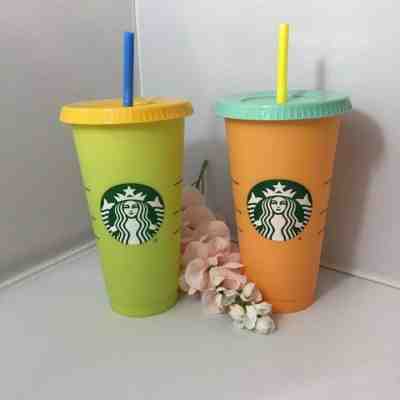 2 Single Starbucks 2019 Color Changing Cup Orange Yellow/Green Lids Straws NEW! - Sold on eBay Dec, 4th 2019 for $35.99