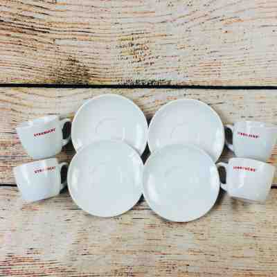 Starbucks Demitasse Espresso Cups / Saucers 2008 Set of 4 Red Logo on White 3oz. - Sold on eBay Dec, 4th 2019 for $25.99