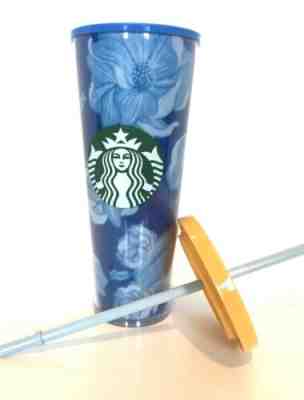 New STARBUCKS Flower Blue Plastic Cold Cup Tumbler 24 OZ - Sold on eBay Dec, 6th 2019 for $29.20