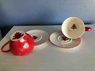 Starbucks Holiday 2006 Red White Christmas Tree Coffee Cup/Mug & Saucer Set of 2 - Sold on eBay Dec, 6th 2019 for $24.99