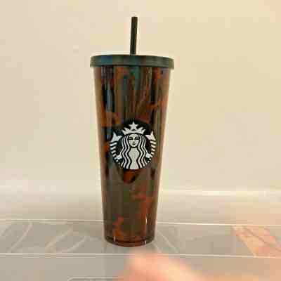 NWT Starbucks 24oz. Tumbler with Straw - Tortoise Shell Brown Black - Sold on eBay Dec, 6th 2019 for $45.00