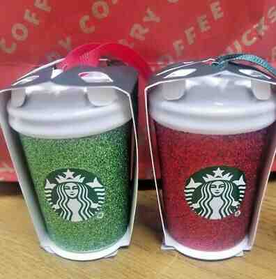 NEW 2019 Starbucks Set of Red and Green Sparkle ceramic Christmas ornaments - Sold on eBay Dec, 6th 2019 for $29.99