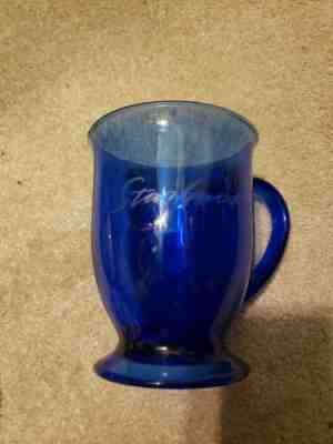 Starbucks Cobalt Blue Glass Coffee Cup Mug 16oz Pedestal Etched Cursive Footed - Sold on eBay Dec, 6th 2019 for $18.90