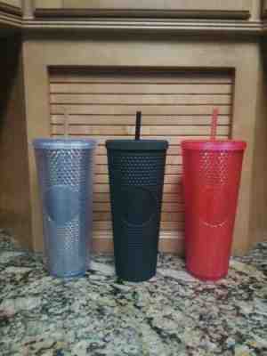 3 Starbucks Holiday 2019 Venti Studded Tumblers Cups Platinum Neon Pink & black - Sold on eBay Dec, 5th 2019 for $124.99