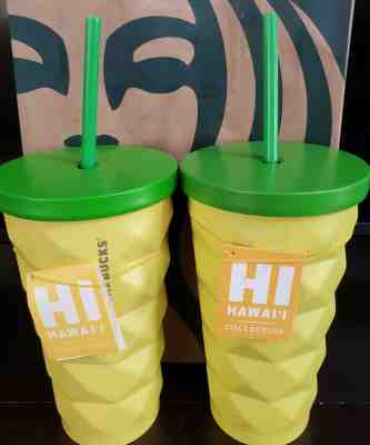 (2) Starbucks Hawaii Pineapple Coffee Tumbler Cold Metal Cup 16 oz. - Sold on eBay Dec, 5th 2019 for $89.99