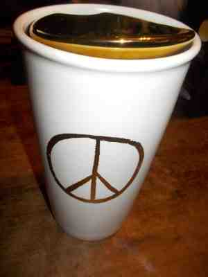 Starbucks Gold Peace Sign Travel Mug Ceramic Tall Cup 12 oz 2015 White ~~ EUC - Sold on eBay Dec, 7th 2019 for $19.95