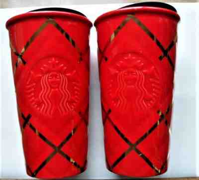 Set of 2 Starbucks 2016 Holiday Red / Gold Tumbler 10floz New with Tag - Sold on eBay Dec, 8th 2019 for $29.99