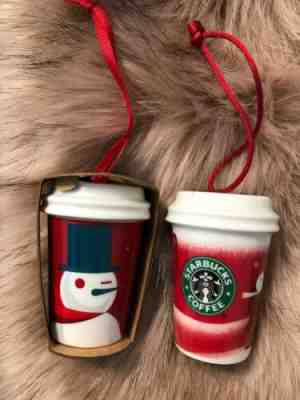 Starbucks Ornament Christmas 2010 & 2012 Ceramic Red Catching Snowflakes Snowman - Sold on eBay Dec, 7th 2019 for $19.99