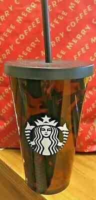NEW 16 oz Starbucks black/brown print cold cup w/matching straw - Sold on eBay Dec, 7th 2019 for $19.99