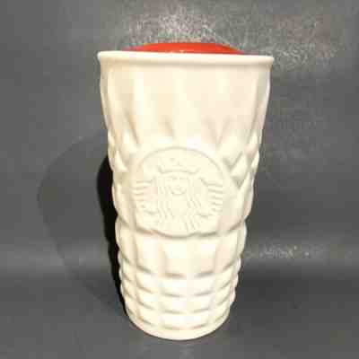 2014 Starbucks White Ceramic Sweater Travel Mug Red Lid 10oz Siren Coffee Cup - Sold on eBay Dec, 7th 2019 for $20.79