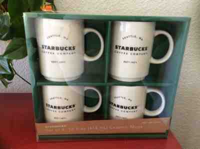 Set of 4 Stackable 2018 Starbucks Ceramic Mugs 14oz White New Giftpack - Sold on eBay Dec, 7th 2019 for $29.00