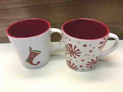 TWO Starbucks Holiday 2007 & 2008 16 oz Coffee Mugs, 4 ", Peppermints, Stocking - Sold on eBay Dec, 7th 2019 for $30.00