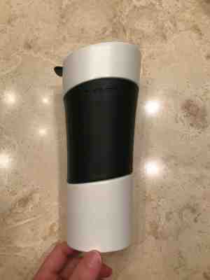 Starbucks 2009 14oz Ceramic Porcelain White Travel Mug w/ Black Silicon Grip - Sold on eBay Dec, 7th 2019 for $28.00