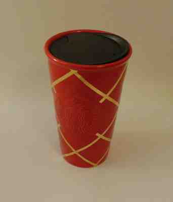 Starbucks Red Gold Striped Ceramic Travel Mug Tumbler Cup 10oz 2016 - Sold on eBay Dec, 7th 2019 for $19.99