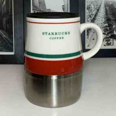 STARBUCKS COFFEE 2008 Urban Desk 14oz Mug Red/Green/Whte Ceramic Stainless w/Lid - Sold on eBay Dec, 9th 2019 for $18.18