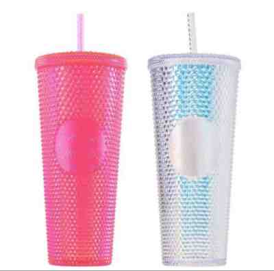 Two Starbucks Holiday 2019 Studded Tumbler Neon Pink and Bling Platinum 24 Oz - Sold on eBay Dec, 8th 2019 for $40.00