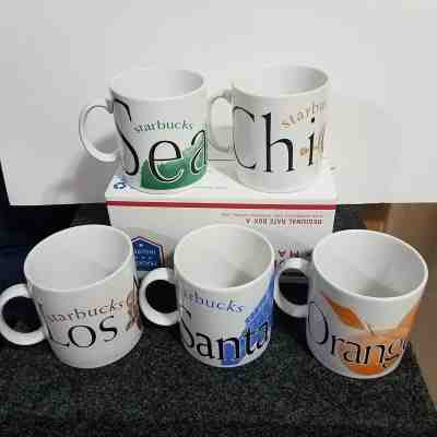 5 Starbucks Mugs 1994 Seattle Chicago Los Angeles Santa Monica Orange Cty VTG