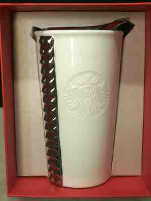 Starbucks 2014 White Ceramic Double Wall Tumbler 10oz Studded Silver & Logo NIB - Sold on eBay Dec, 10th 2019 for $32.99