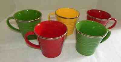 5 Starbucks Ribbed Bucket Coffee Mugs Cups Silver Rim 2007 14oz Red Green Yellow - Sold on eBay Dec, 10th 2019 for $44.95