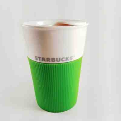 Starbucks 8oz Coffee Mug Tumbler White Ceramic with Green Rubber Grip & Lid - Sold on eBay Dec, 10th 2019 for $25.30