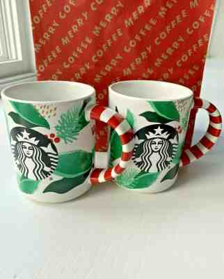 Starbucks 2019 Pair Christmas Coffee Mugs Misletoe Holly Set 2 Candy Cane Handle - Sold on eBay Dec, 9th 2019 for $31.49
