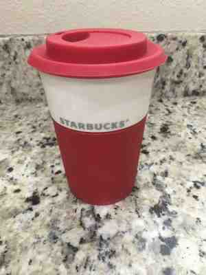 Starbucks Coffee 2011 Red Rubber Ribbed Grip Bone China Tumbler Travel Mug Cup - Sold on eBay Dec, 9th 2019 for $20.90