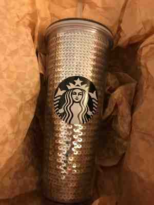 NEW Starbucks Silver Sequin Venti Cold Cup 24 Oz Tumbler - Sold on eBay Dec, 9th 2019 for $23.96