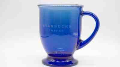 Starbucks Logo 14oz Cobalt Blue Etched Glass Footed Pedestal Coffee Mug Tea Cup - Sold on eBay Dec, 9th 2019 for $19.99