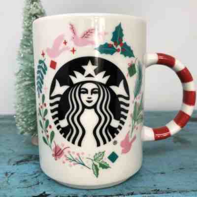 NEW Starbucks 2018 Christmas Holiday Mug Candy Cane Handle Ceramic 12 oz Pink - Sold on eBay Dec, 9th 2019 for $36.50