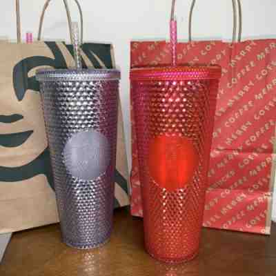NEW 2 Starbucks Holiday 2019 Venti Studded Tumblers Cups Platinum Neon Pink 24oz - Sold on eBay Dec, 9th 2019 for $42.00