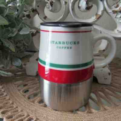 Starbucks Travel Mug Ceramic Stainless Steel Base 14 Fl Oz Red Green  - Sold on eBay Dec, 9th 2019 for $20.00