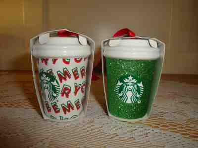 REDUCED 2019 Starbucks 2 Ceramic Coffee Cup Ornaments Christmas Advertising (B) - Sold on eBay Dec, 9th 2019 for $22.00