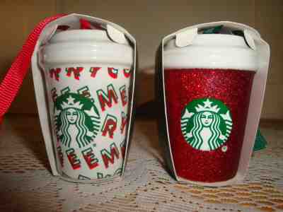 REDUCED New 2019 Starbucks 2 Ceramic Coffee Cup Ornaments Christmas Advertising  - Sold on eBay Dec, 8th 2019 for $22.00