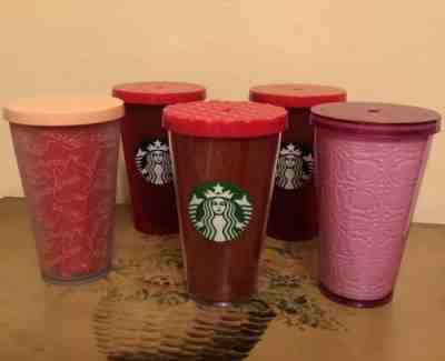 Starbucks 16 oz Red Pink Christmas Cold Cup Tumblers Lot of 5 Cup Lids No Straw  - Sold on eBay Dec, 8th 2019 for $30.00