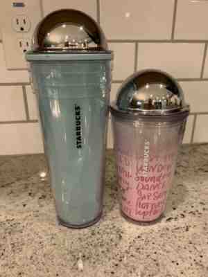 Starbucks Dome Frappuccino Lid Cups (2) Venti And Grande Set RARE! Blue And Pink - Sold on eBay Dec, 7th 2019 for $19.99